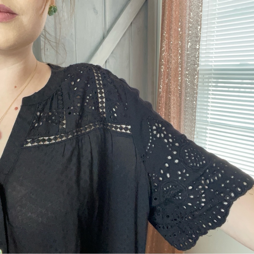 Mason and Belle Black Swiss Dot Lace Scalloped Sleeve Blouse‎ Size XXL oversized - Picture 3 of 11